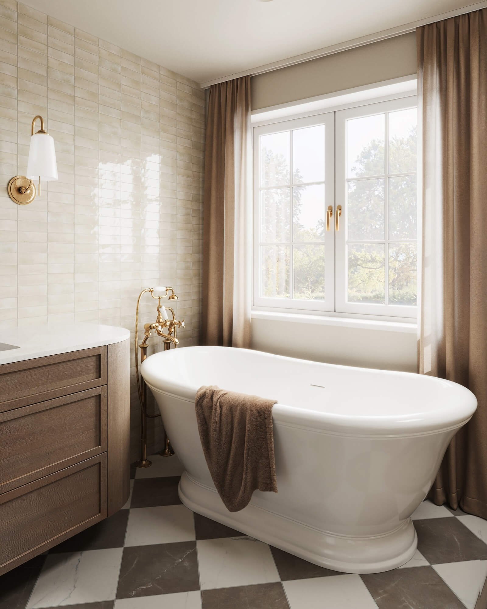 Warm neutral tiles and elegant fixtures create a serene bathroom