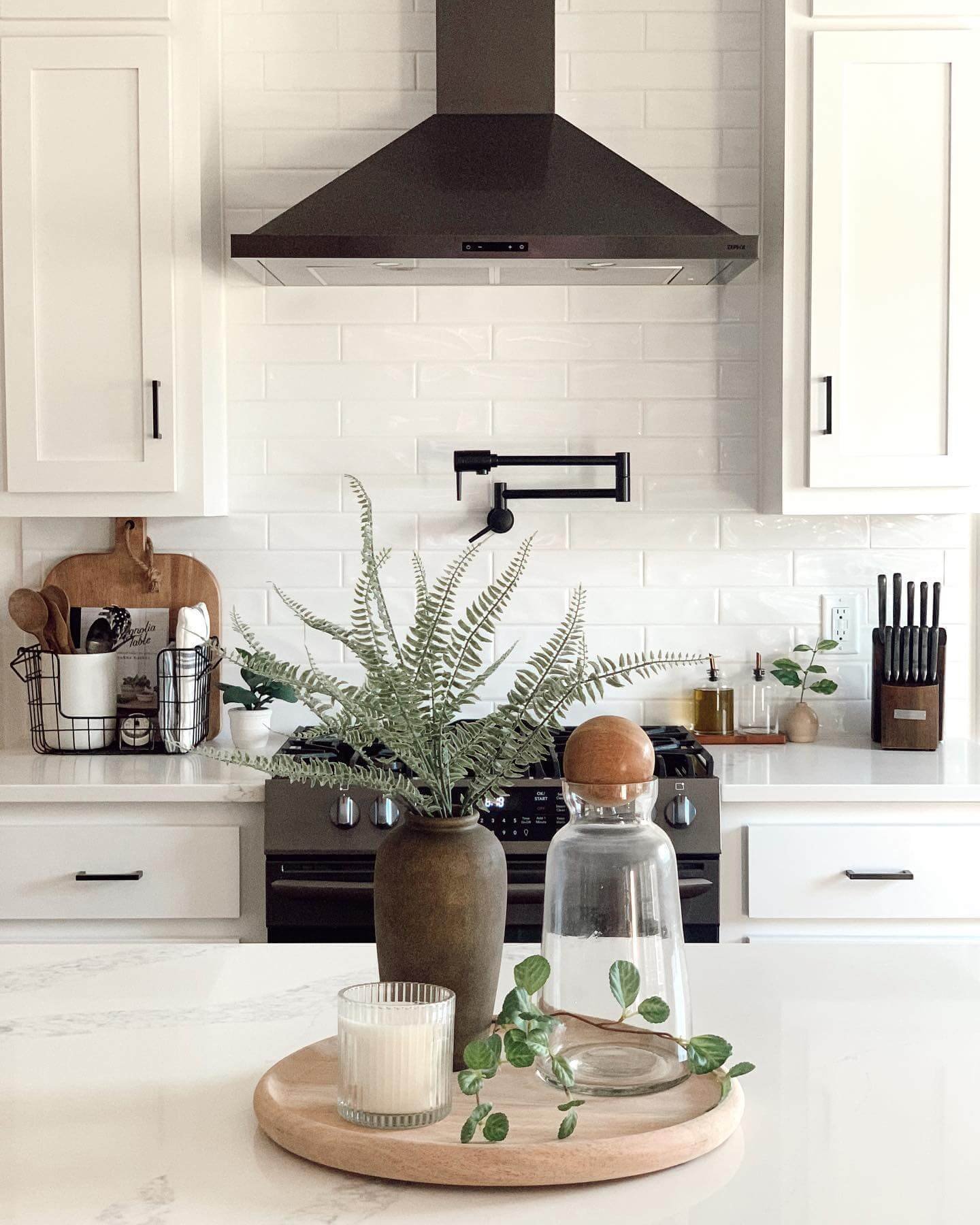 Minimalist Kitchen Counter Decor with Round Wooden Tray